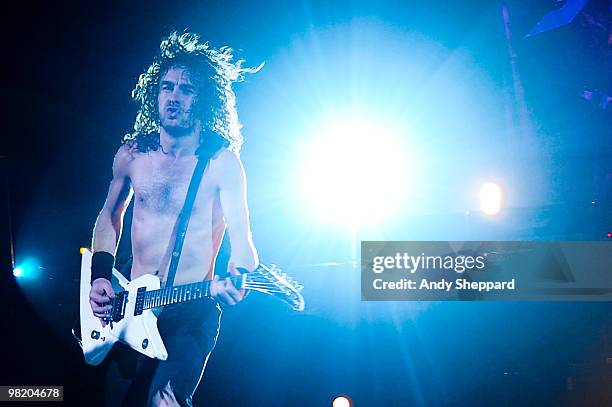 Joel O'Keeffe of Australian rock band Airbourne performs on stage at Hammersmith Apollo on April 1, 2010 in London, England.