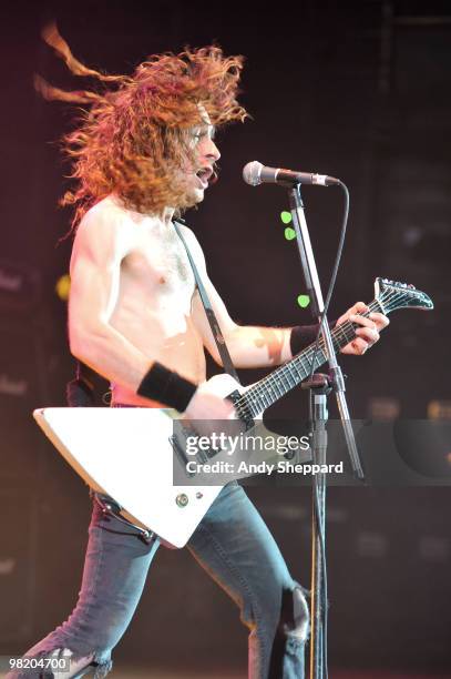 Joel O'Keeffe of Australian rock band Airbourne performs on stage at Hammersmith Apollo on April 1, 2010 in London, England.