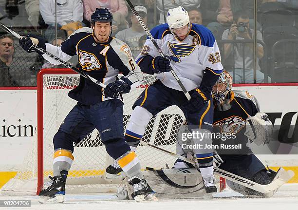 Pekka Rinne of the Nashville Predators lets a puck in the net against David Backes of the St. Louis Blues as Shea Weber of the Predators defends on...