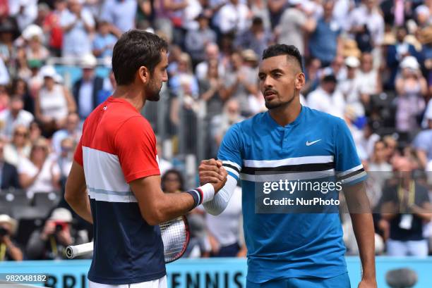 Marin Cilic of Croatia reacts after victory to Nick Kyrgios of Australia during their semi final match on day six of the Fever-Tree Championships at...