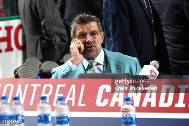 General manager Marc Bergevin of the Montreal Canadiens looks on during the 2018 NHL Draft at American Airlines Center on June 23, 2018 in Dallas,...