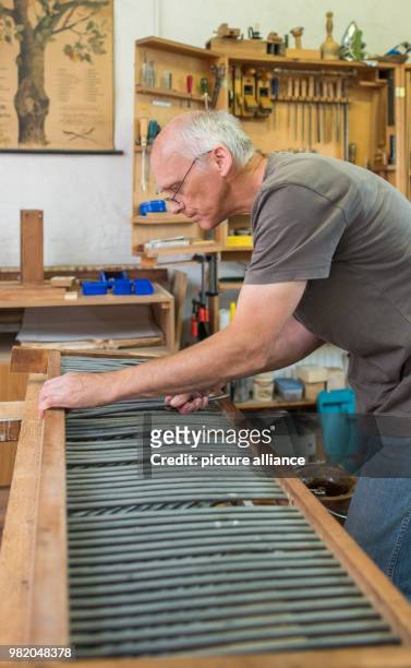 June 2018, Germany, Sieversdorf: Claudius Eckert, organ builder of the organ workshop Scheffler, repares an octavo switch of a Sauer organ from 1904....