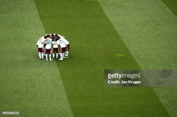 Mexico team huddle during the 2018 FIFA World Cup Russia group F match between Korea Republic and Mexico at Rostov Arena on June 23, 2018 in...