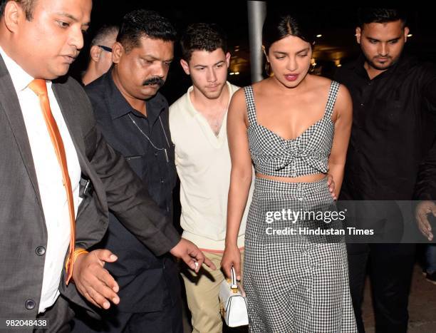 Bollywood actor Priyanka Chopra and American singer and actor Nick Jonas at Yauatcha restaurant BKC, on June 22, 2018 in Mumbai, India. Priyanka...