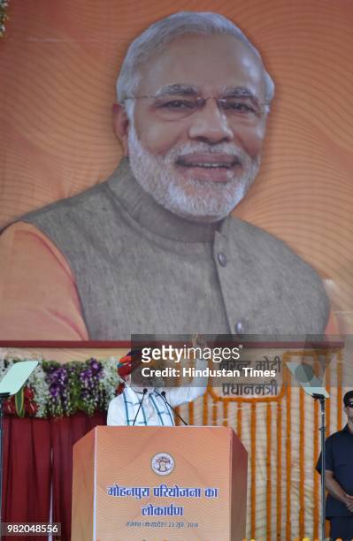 Prime Minister Narendra Modi during an inauguration ceremony of Mohanpura dam project in Rajgarh district, on June 23, 2018 in Bhopal, India. PM Modi...