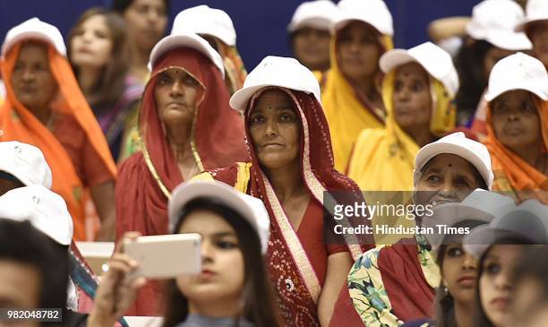 Widows from Rajasthan attend an event organised by the Loomba Foundation marking International Widows Day 2018, at Vigyan Bhawan, on June 23, 2018 in...