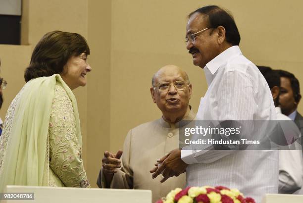 Vice-president M Venkaiah Naidu with President of the Loomba Foundation Cherie Blair and Raj Loomba during an event organized by the Loomba...