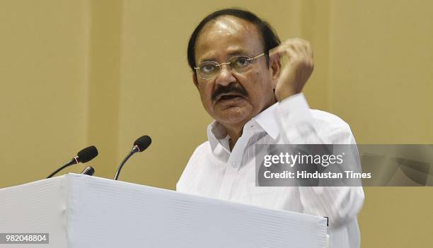 Vice-president M Venkaiah Naidu during an event organized by the Loomba Foundation marking International Widows Day 2018, at Vigyan Bhawan, on June...