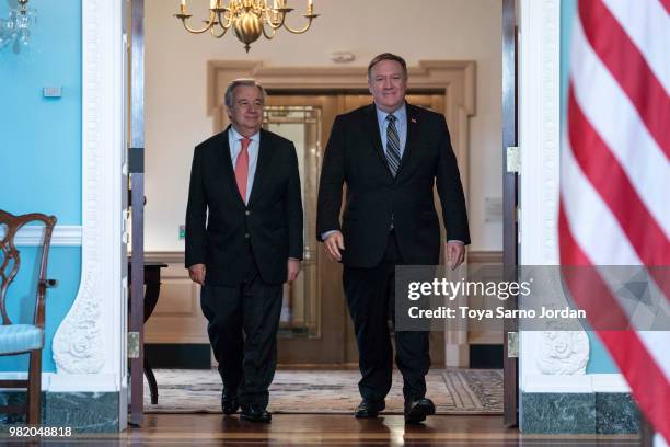 Secretary of State Mike Pompeo meets with United Nations Secretary-General Antonio Guterres, at the Department of State on June 23, 2018 in...