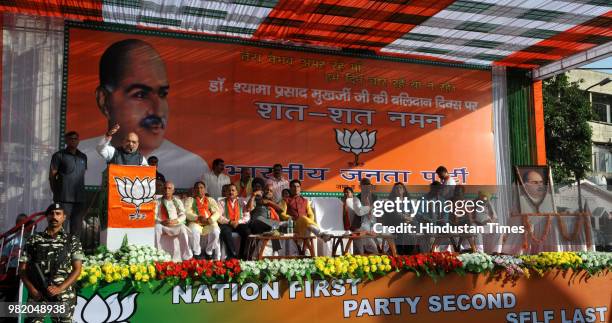 President Amit Shah during a public rally to mark "historic martyrdom anniversary" of Jana Sangh founder Syama Prasad Mookerjee, after his party's...