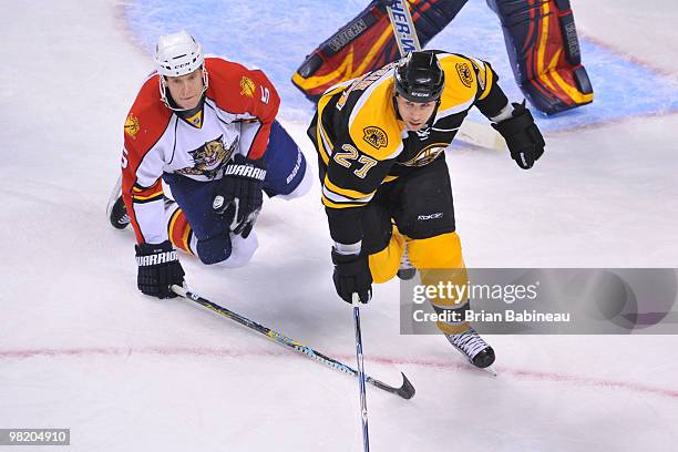 Steve Begin of the Boston Bruins watches the play against the Florida Panthers at the TD Garden on April 1, 2010 in Boston, Massachusetts.