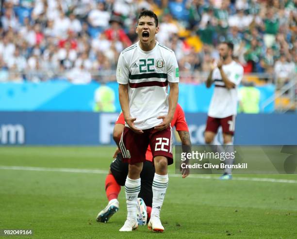 Hirving Lozano of Mexico reacts during the 2018 FIFA World Cup Russia group F match between Korea Republic and Mexico at Rostov Arena on June 23,...