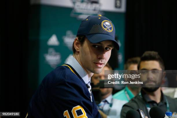 Mattias Samuelsson after being selected 32nd overall by the Buffalo Sabres during the 2018 NHL Draft at American Airlines Center on June 23, 2018 in...