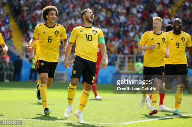 Eden Hazard of Belgium celebrates his first goal with Axel Witsel, Kevin De Bruyne, Romelu Lukaku during the 2018 FIFA World Cup Russia group G match...