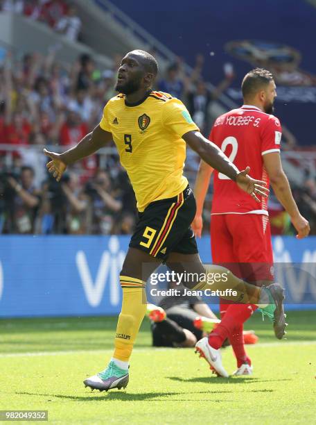 Romelu Lukaku of Belgium celebrates scoring his first goal during the 2018 FIFA World Cup Russia group G match between Belgium and Tunisia at Spartak...
