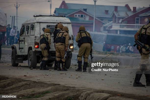 Kashmir Muslim protesters throw stones at Indian government forces during a protest on June 22, 2018 in Srinagar, the summer capital of Indian...