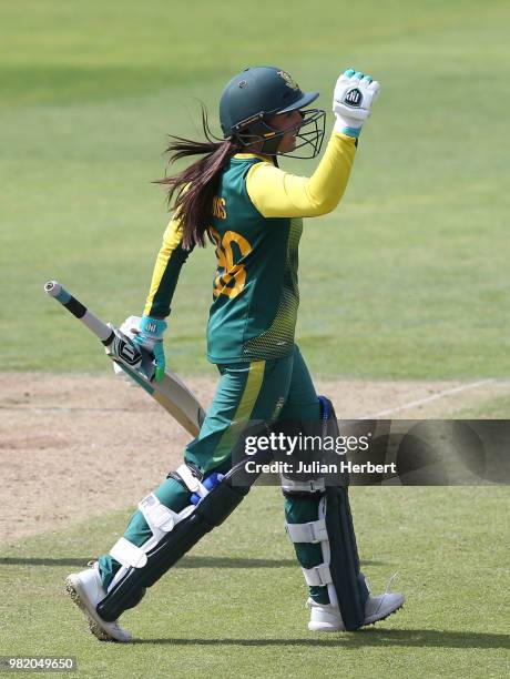 Sune Luus of South Africa celebrates her teams victory during the International T20 Tri-Series match between England Women and South Africa Women at...