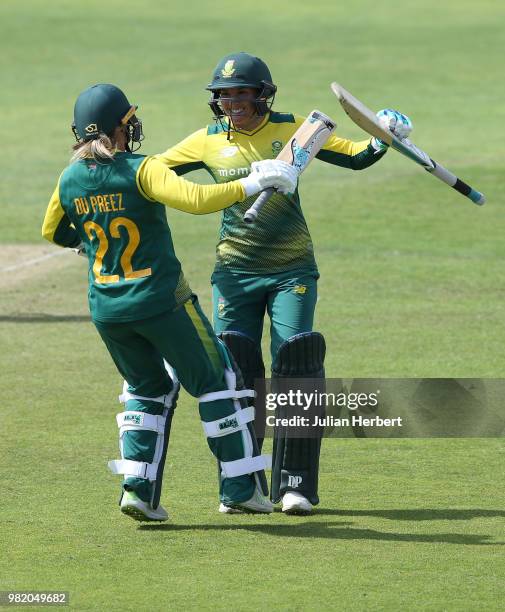 Migno Du Preez and Sune Luus of South Africa celebrates their teams victory during the International T20 Tri-Series match between England Women and...