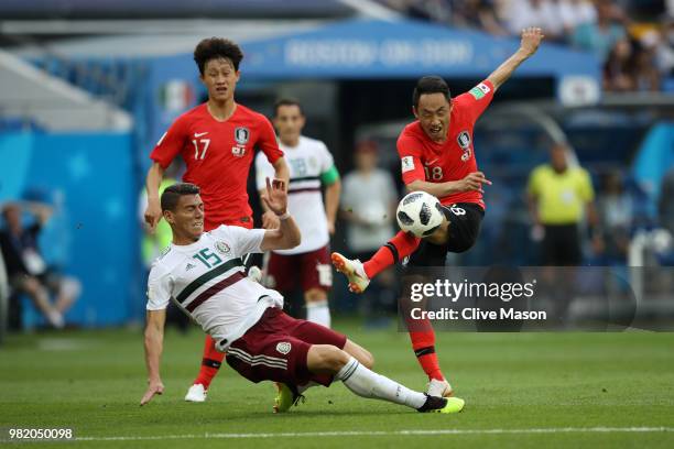 Moon Seon-Min of Korea Republic shoots past Hector Moreno of Mexico during the 2018 FIFA World Cup Russia group F match between Korea Republic and...