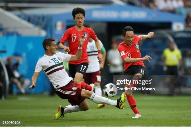 Moon Seon-Min of Korea Republic shoots past Hector Moreno of Mexico during the 2018 FIFA World Cup Russia group F match between Korea Republic and...
