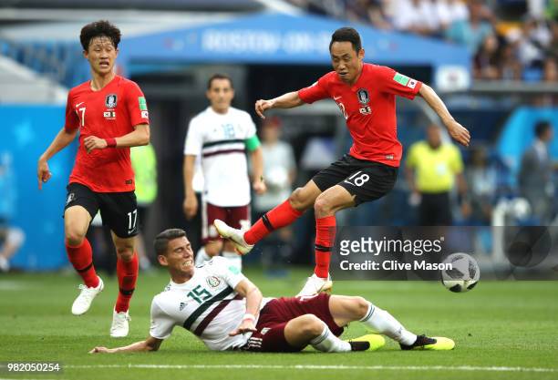 Moon Seon-Min of Korea Republic shot is deflected by Hector Moreno of Mexico during the 2018 FIFA World Cup Russia group F match between Korea...