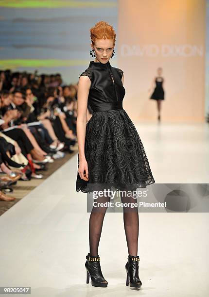 Model walks the runway wearing David Dixon's fall 2010 collection at the Allstream Centre on April 1, 2010 in Toronto, Canada.