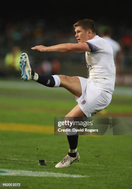 Owen Farrell of England kicks a penalty during the third test match between South Africa and England at Newlands Stadium on June 23, 2018 in Cape...