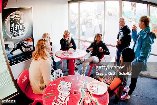 Surfers hang out in the coffee area during the Rip Curl Pro on April 2, 2010 in Bells Beach, Australia.