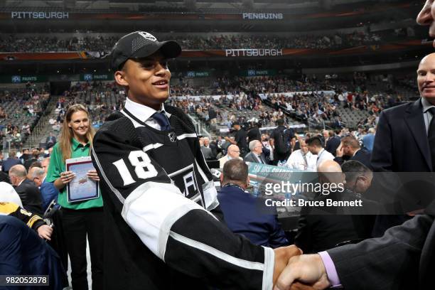 Akil Thomas reacts after being selected 51st overall by the Los Angeles Kings during the 2018 NHL Draft at American Airlines Center on June 23, 2018...