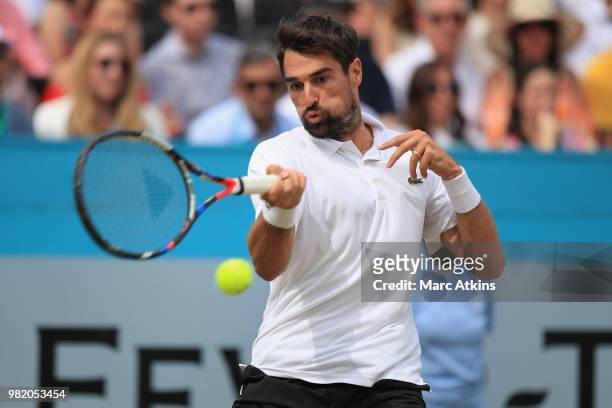 Jeremy Chardy of France plays a forehand during his singles semi-final match against Novak Djokovic of Serbia during day six of the Fever-Tree...