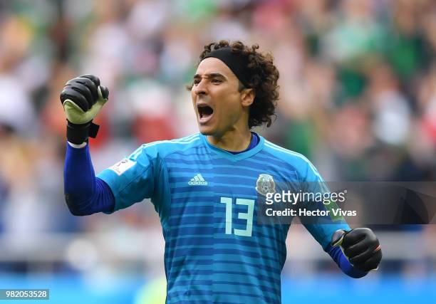 Guillermo Ochoa of Mexico celebrates his team's first goal during the 2018 FIFA World Cup Russia group F match between Korea Republic and Mexico at...