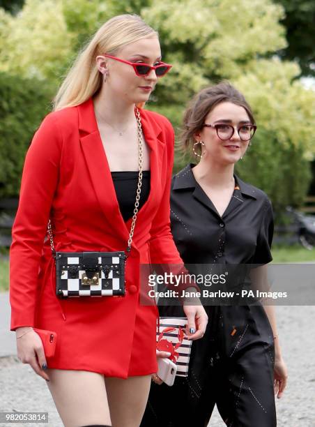 Actresses Sophie Turner and Maisie Williams arrive at Rayne Church, Kirkton of Rayne in Aberdeenshire, for the wedding ceremony of their Game Of...