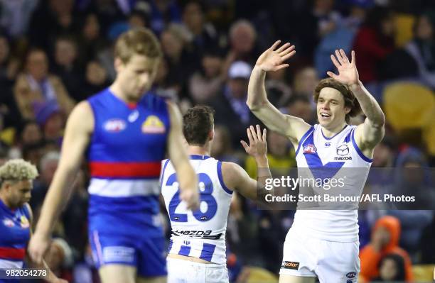 Ben Brown of the Kangaroos celebrates after kicking a goal during the round 14 AFL match between the Western Bulldogs and the North Melbourne...