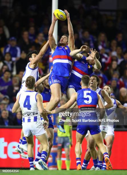 Tom Boyd of the Bulldogs marks the ball during the round 14 AFL match between the Western Bulldogs and the North Melbourne Kangaroos at Etihad...