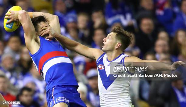 Marcus Adams of the Bulldogs and Shaun Higgins of the Kangaroos compete for the ball during the round 14 AFL match between the Western Bulldogs and...