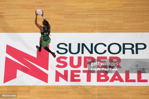 Stacey Francis of the Fever receives a pass during the round eight Super Netball match between the Fever and the Thunderbirds at Perth Arena on June...