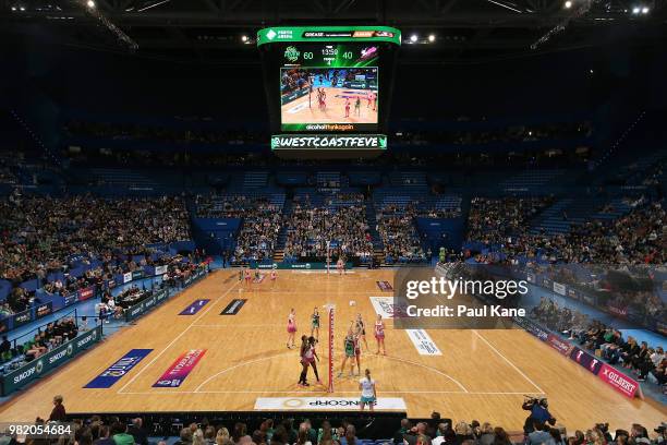 General view of play during the round eight Super Netball match between the Fever and the Thunderbirds at Perth Arena on June 23, 2018 in Perth,...