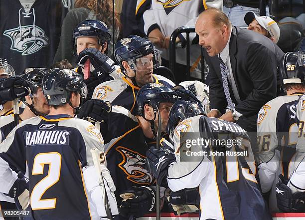 Head coach Barry Trotz of the Nashville Predators talks during a timeout against the St. Louis Blues on April 1, 2010 at the Bridgestone Arena in...