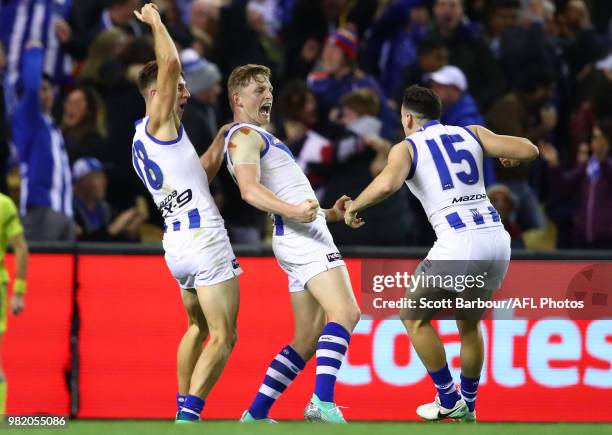 Jack Ziebell of the Kangaroos celebrates with Shaun Atley of the Kangaroos after kicking the match winning goal during the round 14 AFL match between...