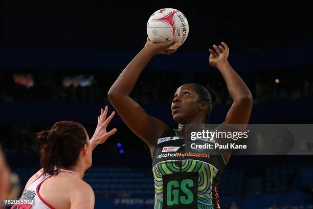 Jhaniele Fowler of the Fever shoots the ball during the round eight Super Netball match between the Fever and the Thunderbirds at Perth Arena on June...