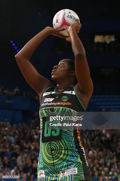 Jhaniele Fowler of the Fever shoots the ball during the round eight Super Netball match between the Fever and the Thunderbirds at Perth Arena on June...