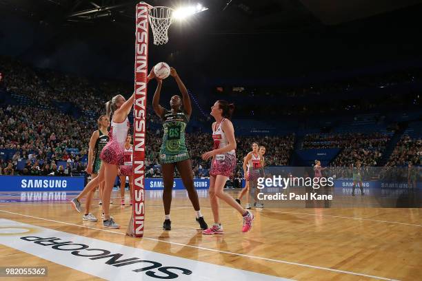 Jhaniele Fowler of the Fever shoots the ball during the round eight Super Netball match between the Fever and the Thunderbirds at Perth Arena on June...