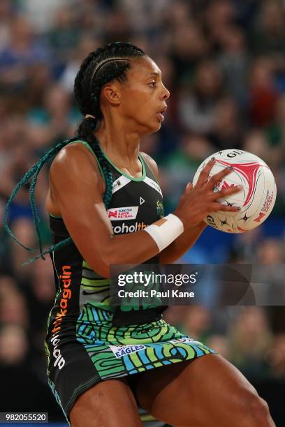 Stacey Francis of the Fever looks to pass the ball during the round eight Super Netball match between the Fever and the Thunderbirds at Perth Arena...