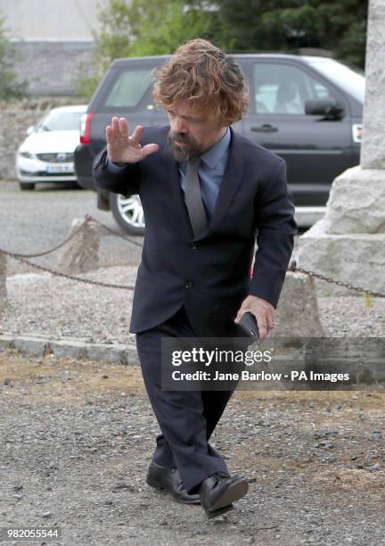 Actor Peter Dinklage arrives at Rayne Church, Kirkton of Rayne in Aberdeenshire, for the wedding ceremony of his Game Of Thrones co-stars Kit...