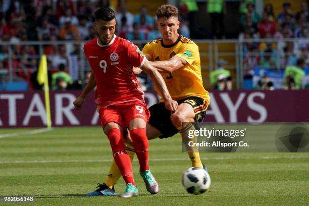 Anice Badri of Tunisia battles with Thomas Meunier of Belgium during the 2018 FIFA World Cup Russia group G match between Belgium and Tunisia at...