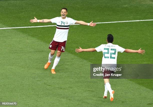 Javier Hernandez of Mexico celebrates after scoring his team's second goal during the 2018 FIFA World Cup Russia group F match between Korea Republic...