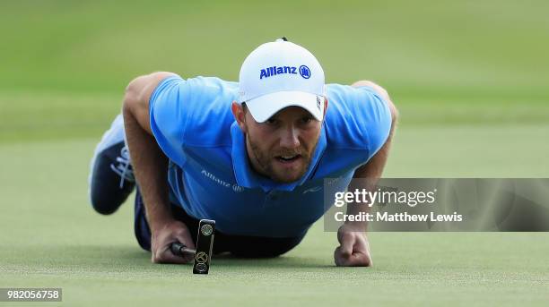 Maximilian Kieffer of Germany lines up a putt on the 16th green during day three of the BMW International Open at Golf Club Gut Larchenhof on June...