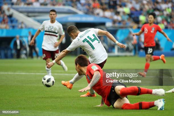 Javier Hernandez of Mexico scores his team's second goal during the 2018 FIFA World Cup Russia group F match between Korea Republic and Mexico at...