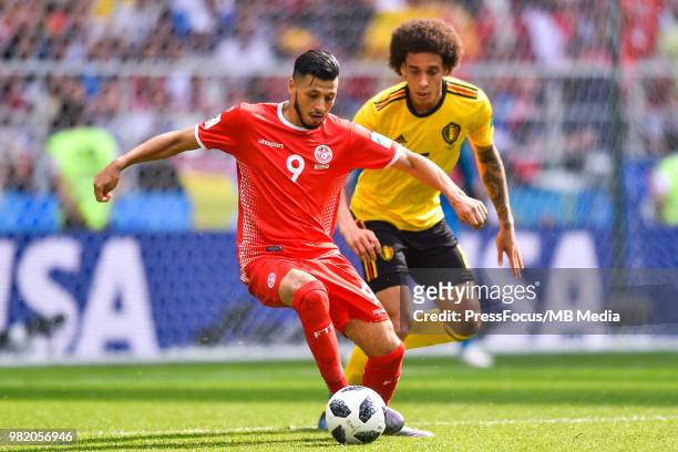 Anice Badri of Tunisia competes with Axel Witsel of Belgium during the 2018 FIFA World Cup Russia group G match between Belgium and Tunisia at...