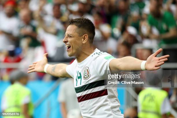 Javier Hernandez of Mexico celebrates after scoring his team's second goal during the 2018 FIFA World Cup Russia group F match between Korea Republic...